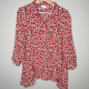 J.Jill Red Floral Print Blouse M Boho Cottagecore Cabincore Softcore Artsy Top‎